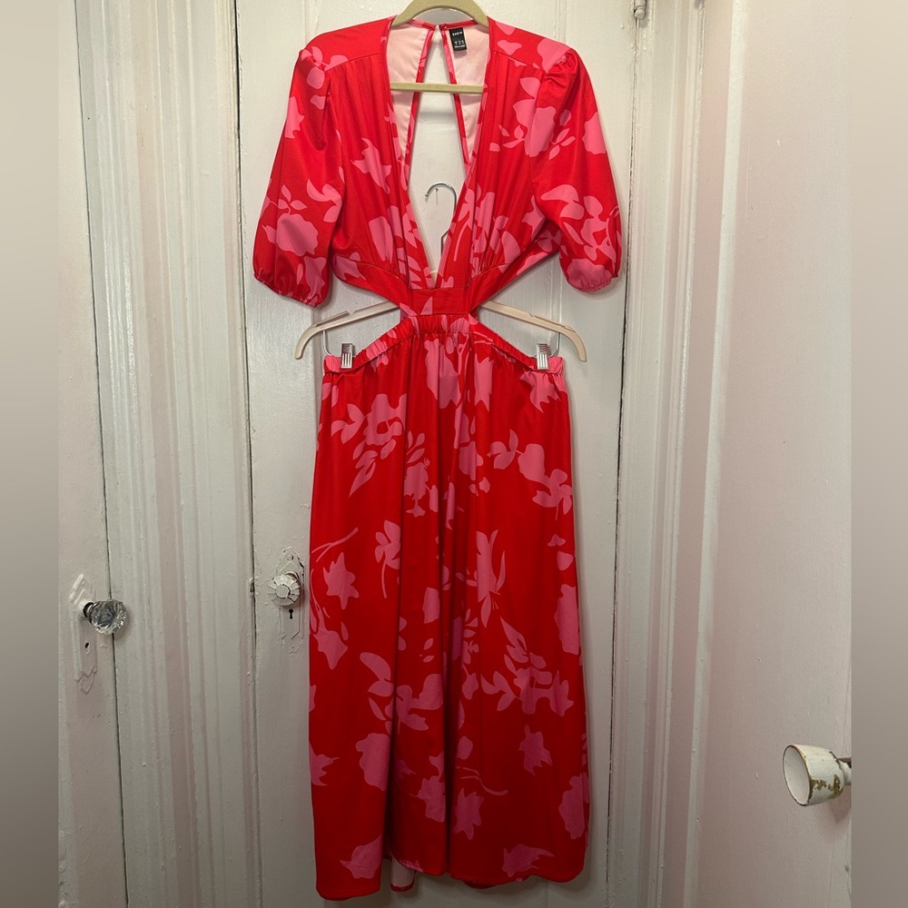 Floral Print Puff Sleeve Cut Out Tie Back Dress